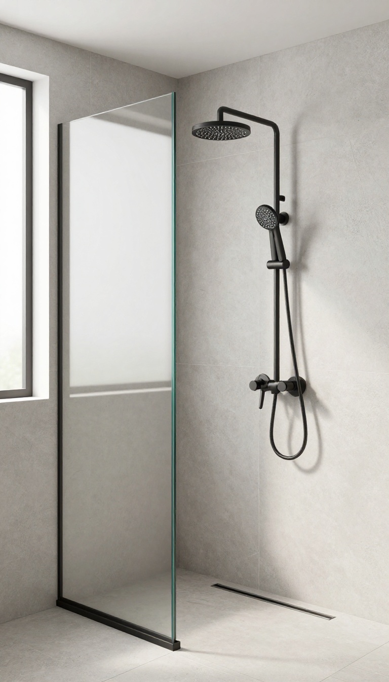 Modern shower stall with matte black fixtures and light gray tile