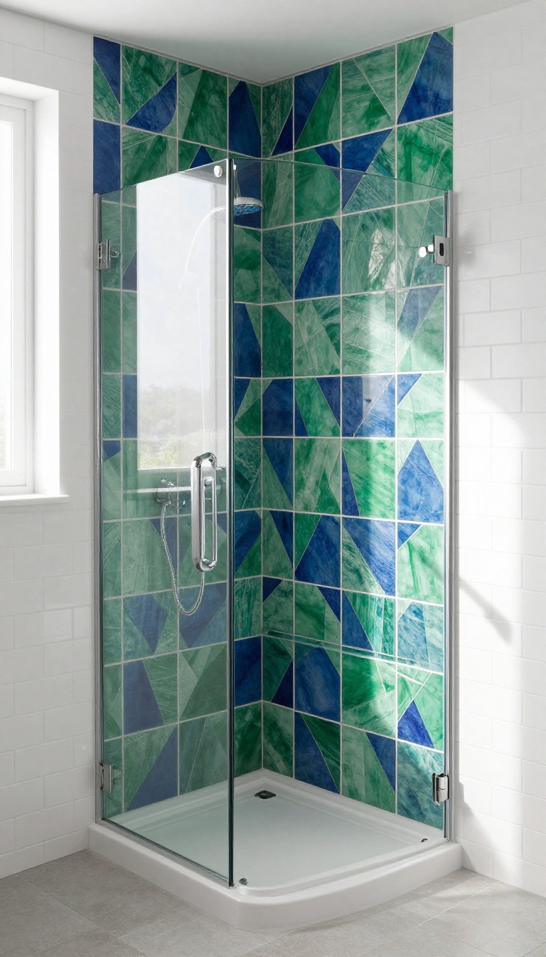 Small shower with bold geometric patterned accent wall in blue and green, white subway tiles on other walls, bright natural light