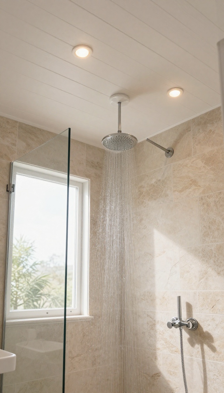 Bright, airy shower with vaulted ceiling and recessed lighting, creating a spa-like atmosphere.
