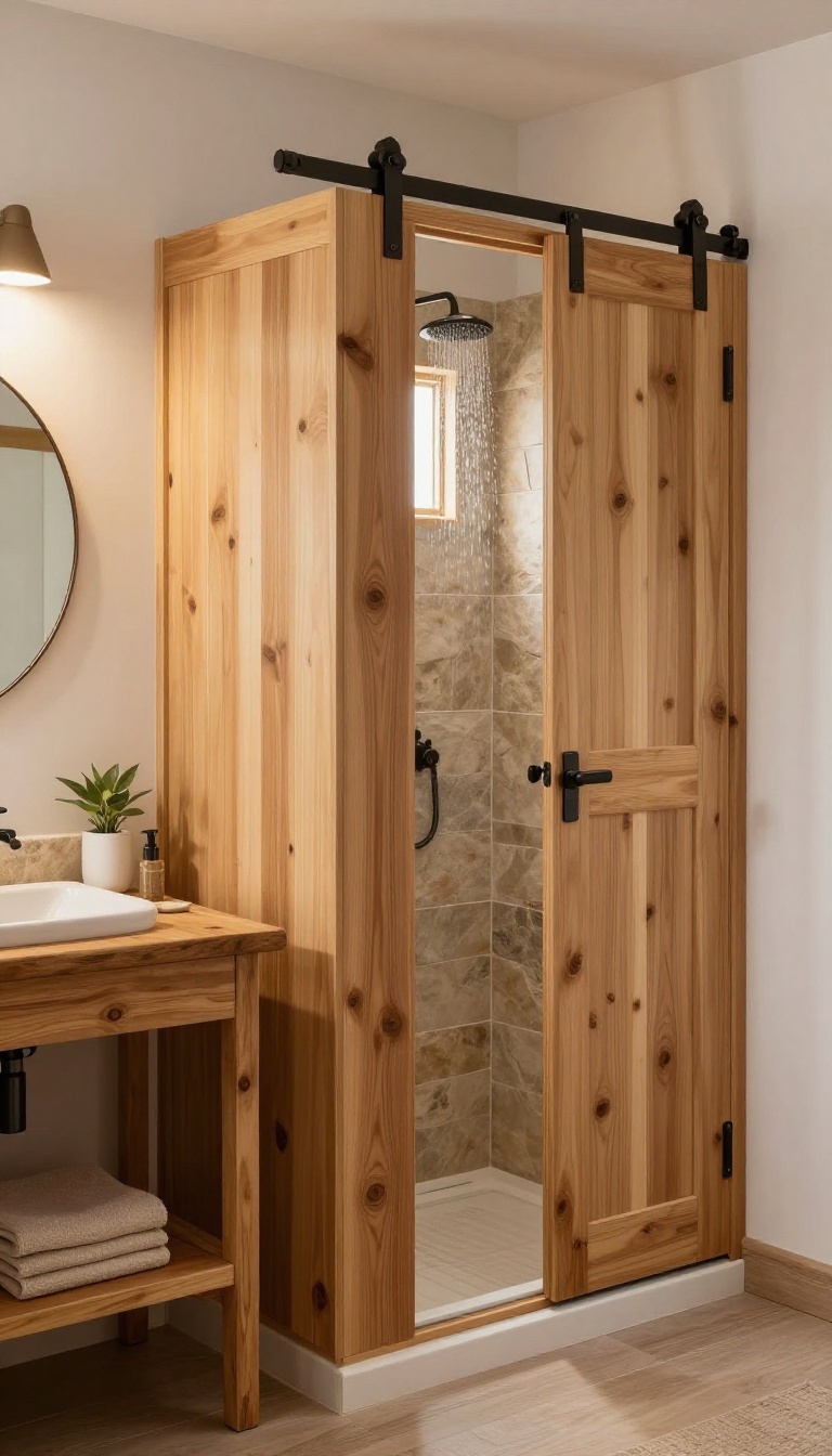 Rustic cabin bathroom with a sliding barn door shower enclosure made of cedar wood and iron hardware.