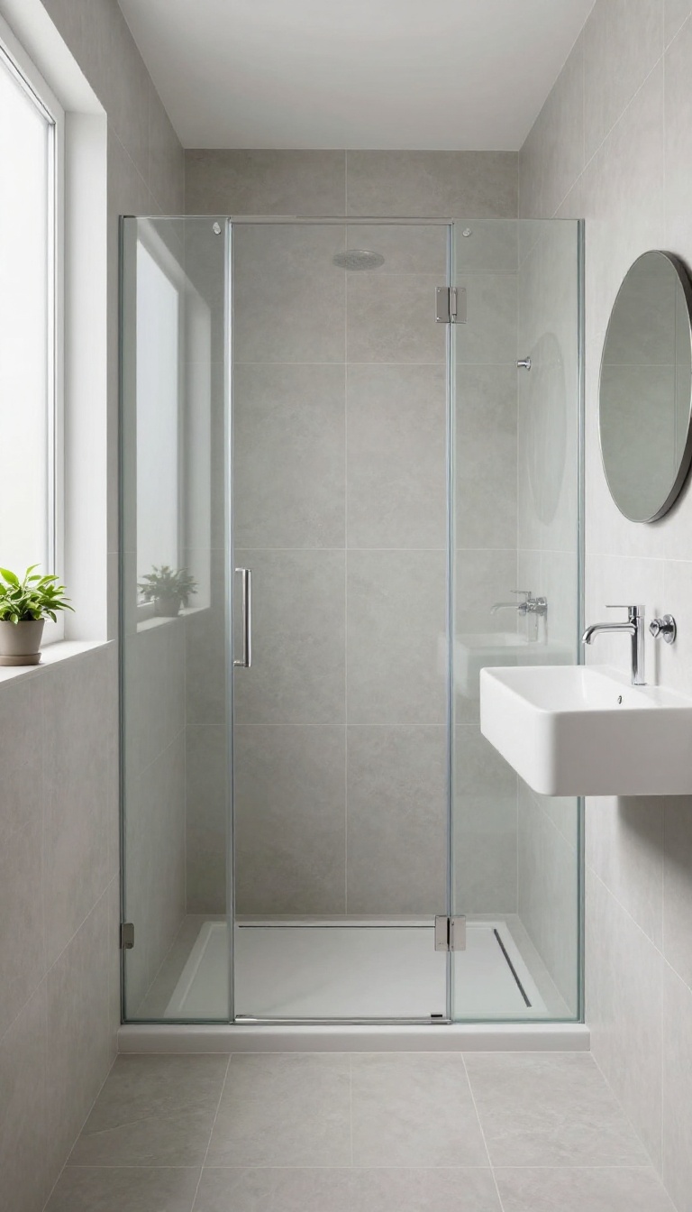 Small bathroom with a doorless walk-in shower, clear glass panel, and linear drain, featuring light gray tiles and a floating vanity.