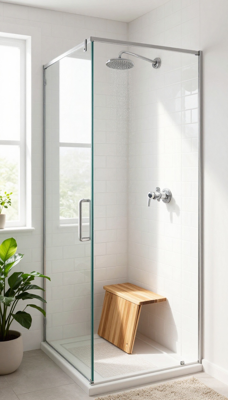 Small bathroom shower with a foldable teak wood seat mounted on the tiled wall, natural light, spa-like ambiance.