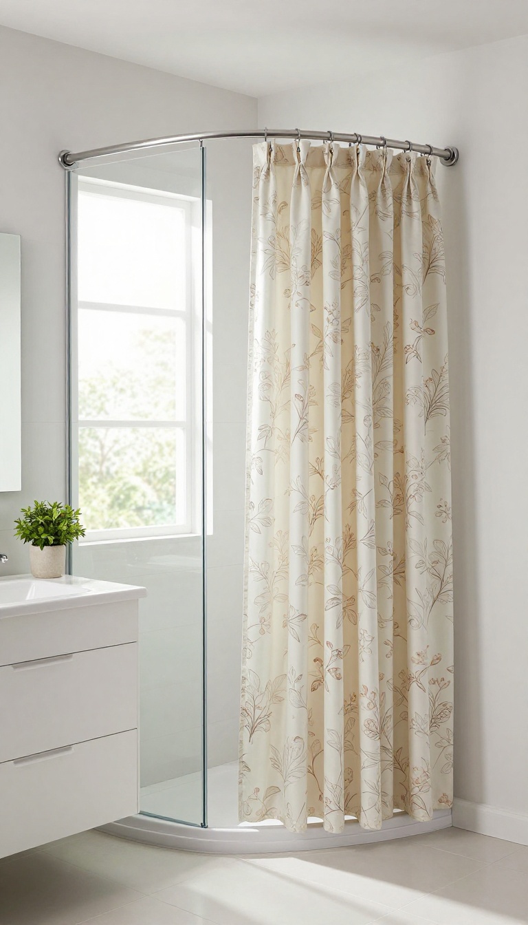 Decorative curtain on a curved rod outside a glass shower door in a bright bathroom