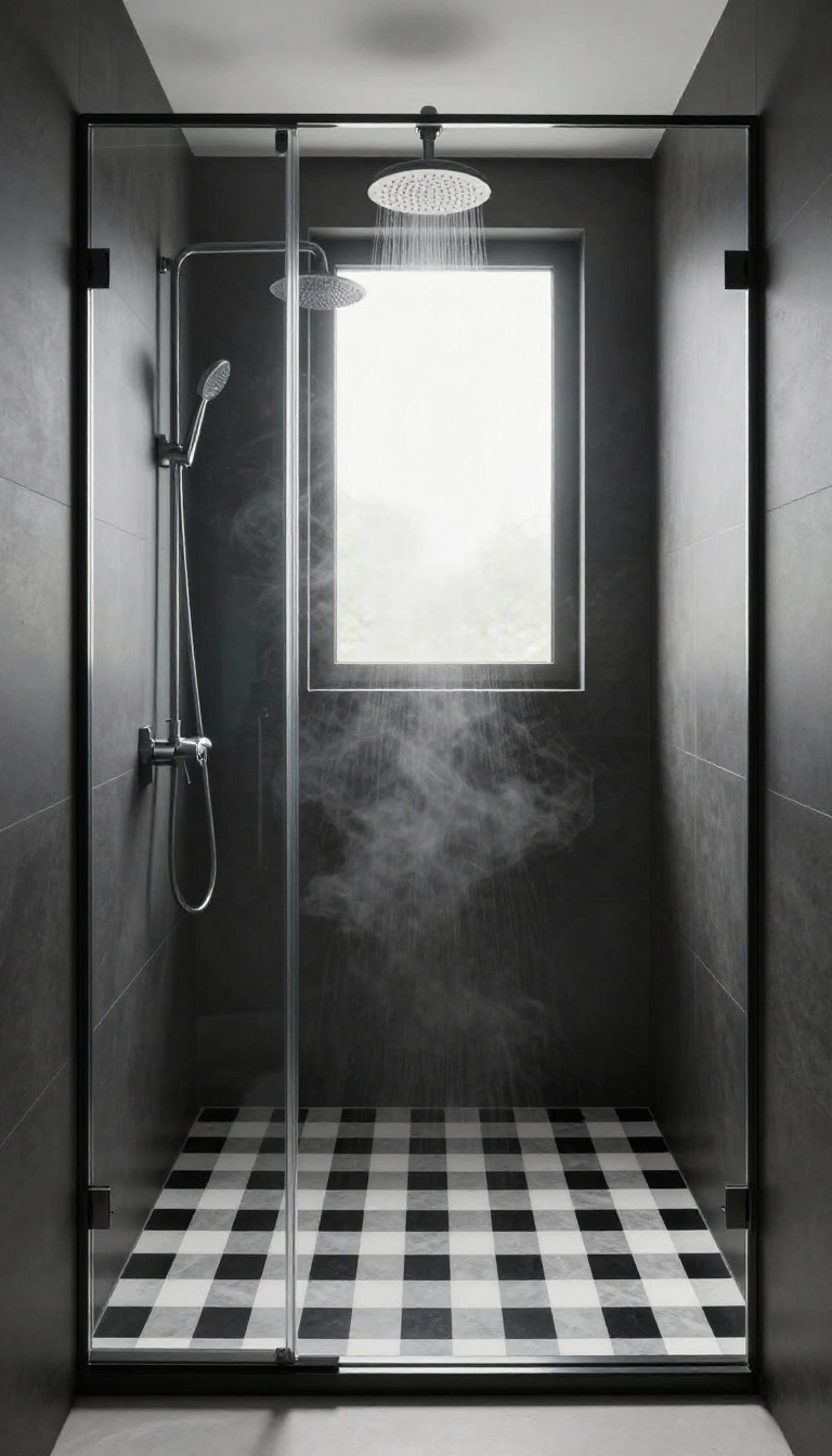 Modern shower with black and white checkerboard floor and dark gray wall tiles