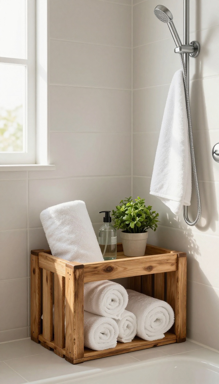 Upcycled wooden crate shelf in a shower with towels and toiletries