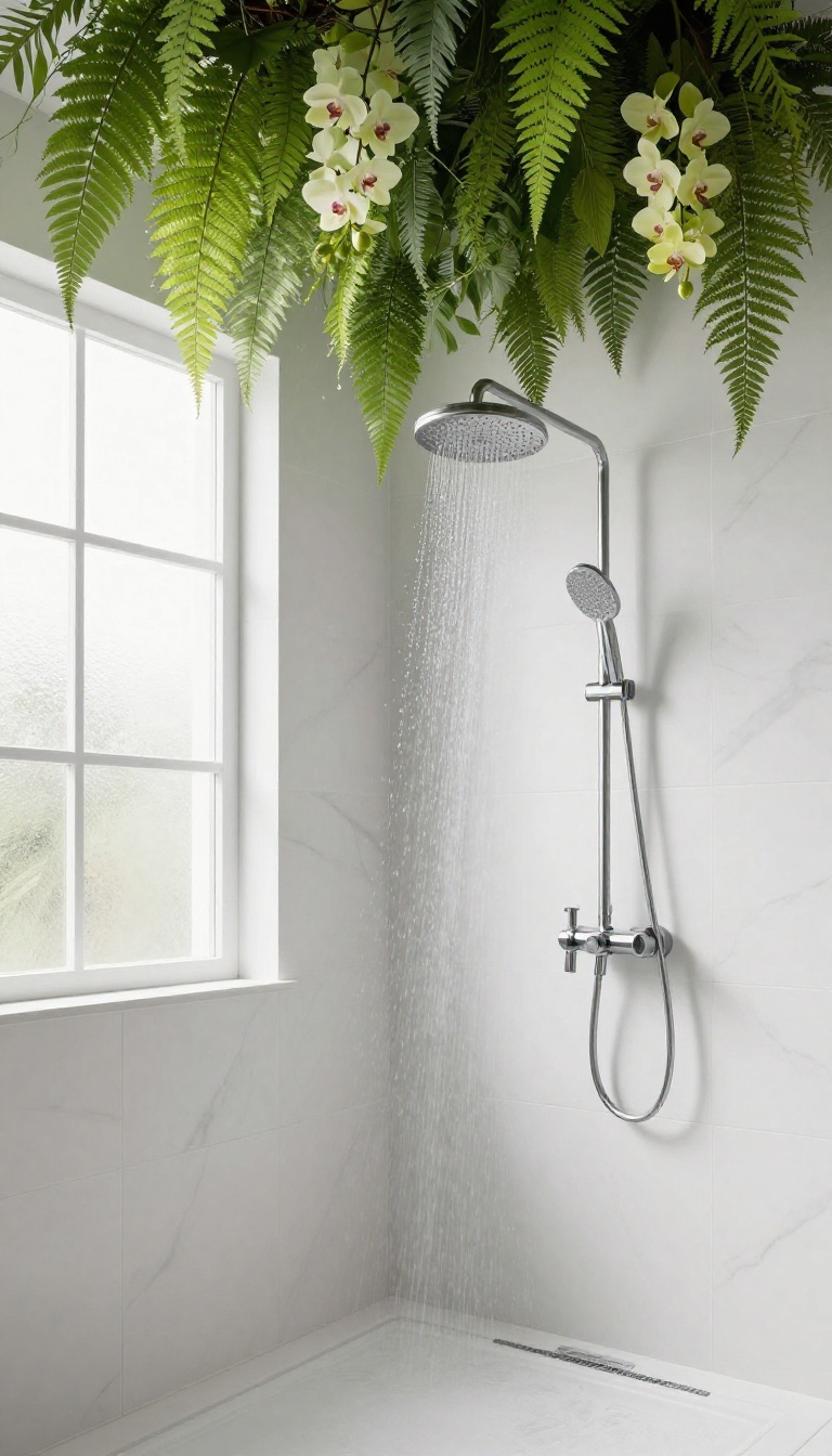 Lush green plants on a shower ceiling with ferns and orchids, creating a spa-like retreat.