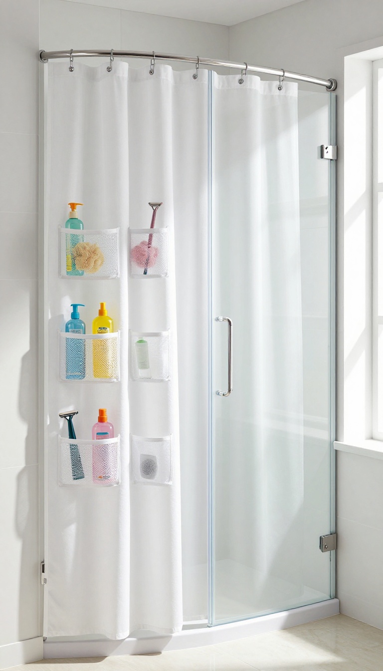 Shower curtain with built-in storage pockets over a glass door in a bright bathroom