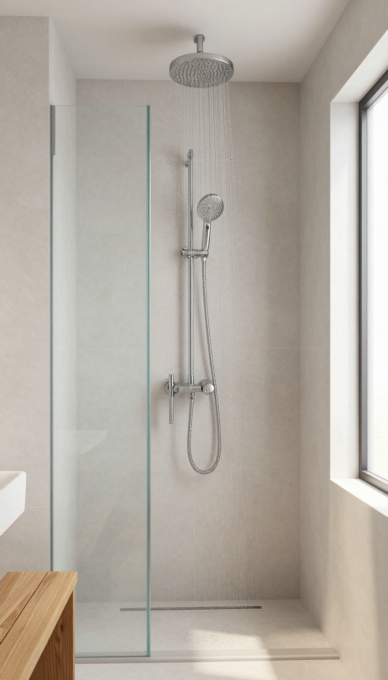 Modern bathroom shower with rainfall showerhead and handheld sprayer, featuring gray tiles and a teak bench, in bright natural light.