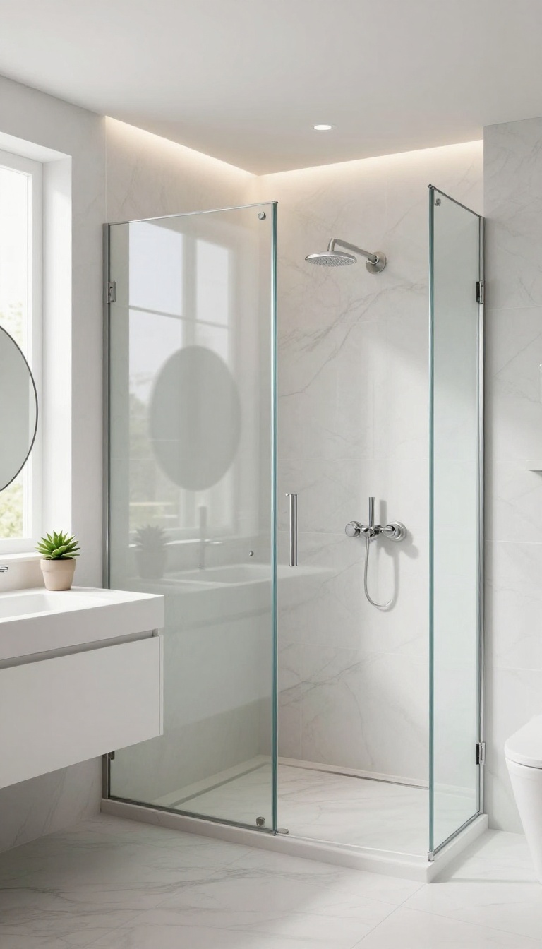 Modern bathroom with a smart glass shower partition that switches between clear and frosted for privacy.