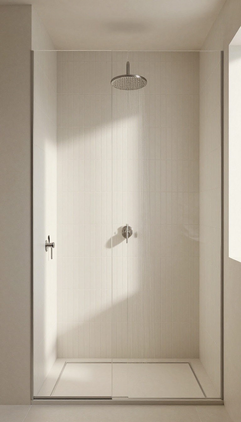 Vertical herringbone tile shower in warm white matte finish, with glass enclosure and rainfall showerhead, bright natural light, calm spa-like bathroom design.