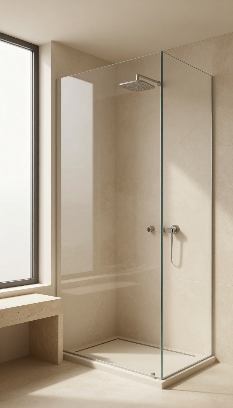 Large-format porcelain slabs in a beige tone create a seamless, vertical shower wall, enhancing the sense of height and calm in a modern bathroom.