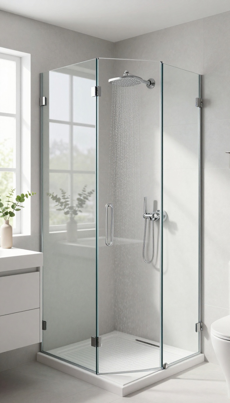 Bright modern bathroom with frameless glass shower panel and rainfall showerhead