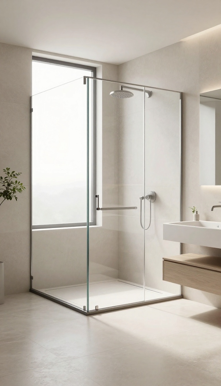 Modern bathroom with a walk-in shower featuring a single clear glass panel, rainfall showerhead, and natural light