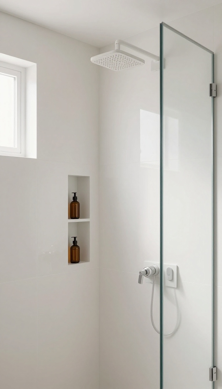 Modern minimalist shower with high-gloss solid surface panels and built-in niche
