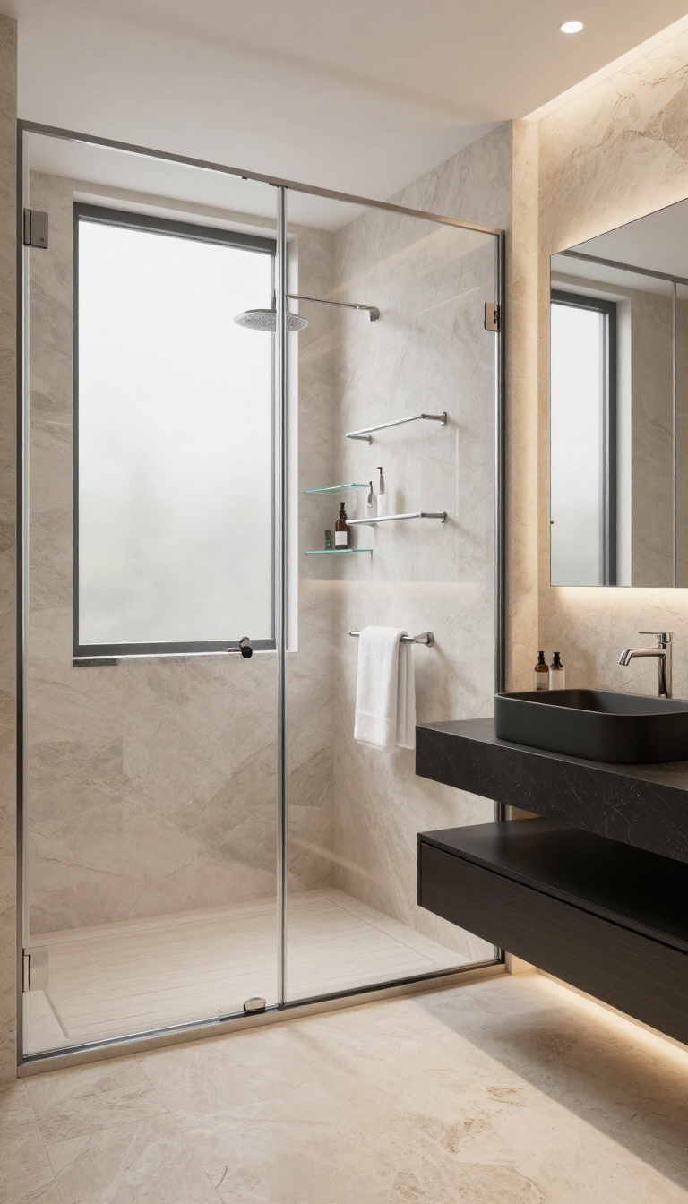 Modern bathroom with heated floor and towel warmer near a large shower