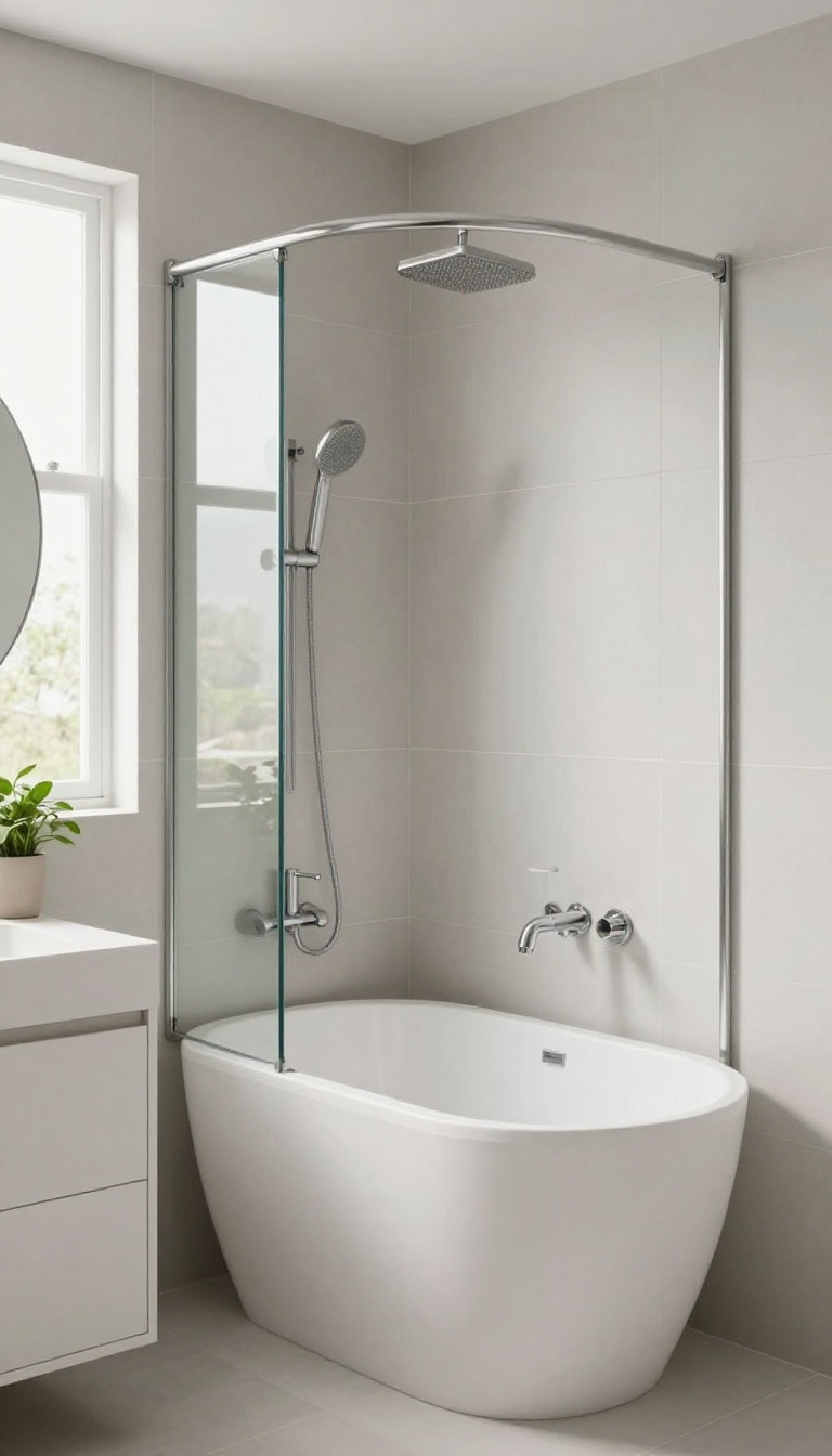 Small bathroom with a shower-bath combo, frameless glass shield, and curved rod for extra space.
