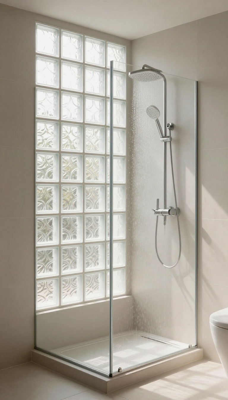 Corner walk-in shower with a glass block wall, allowing natural light to filter through while maintaining privacy.