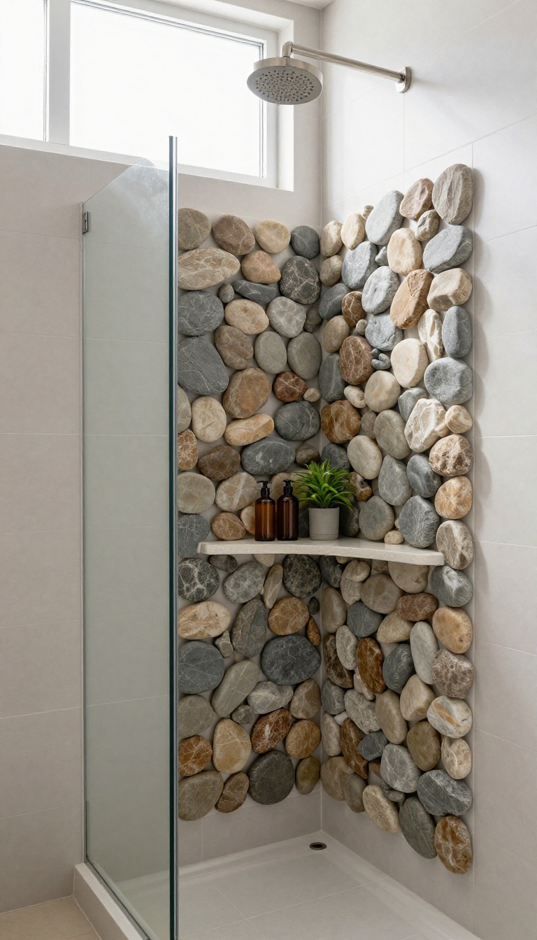 Modern shower with a river rock-lined recessed shelf niche, featuring a floating tile shelf with shampoo bottles and a plant.