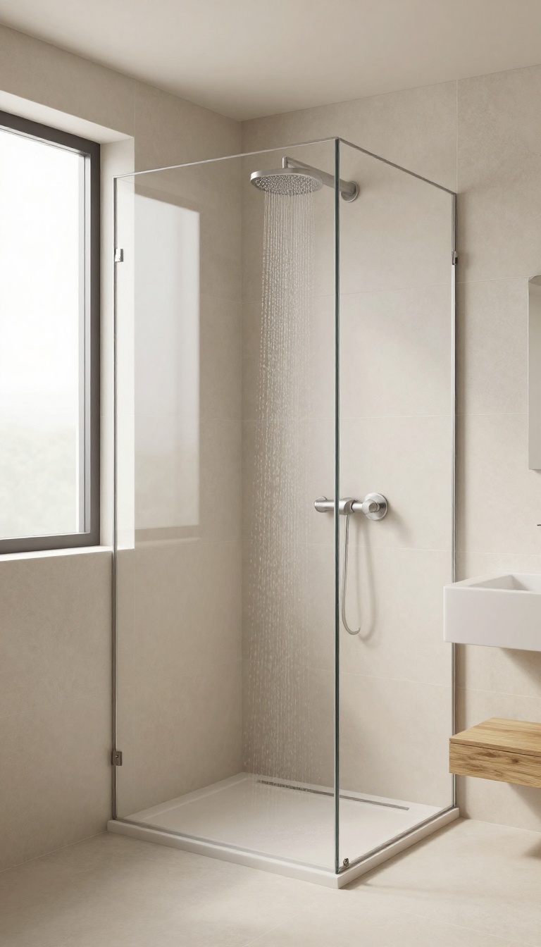 Seamless shower niche tiled with the same large-format matte porcelain tiles as the wall in a minimalist bathroom