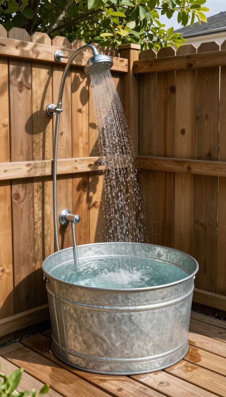 Galvanized tub outdoor shower with wooden fence and natural light
