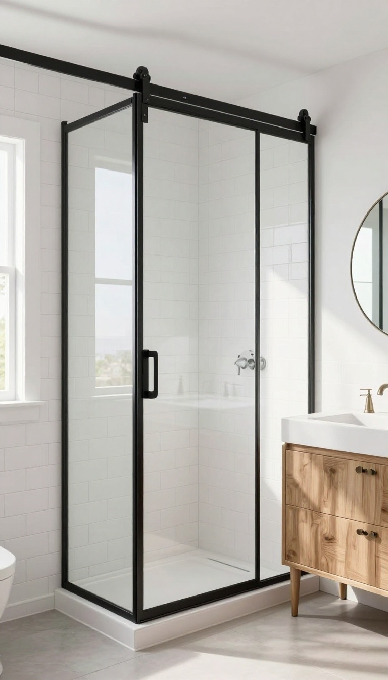 Modern farmhouse bathroom with a sliding barn door shower enclosure in matte black and clear glass, space-saving design in bright natural light.