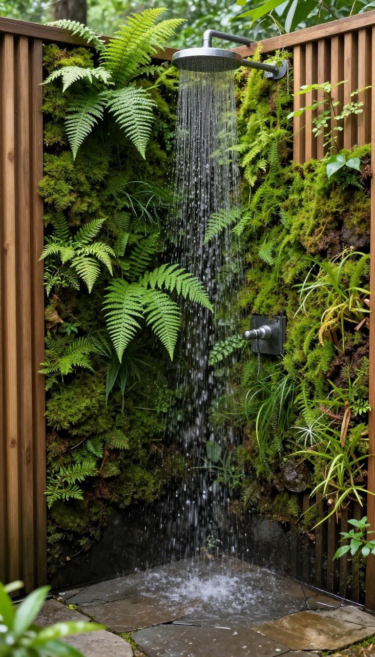 Outdoor shower with a living wall of moss and ferns