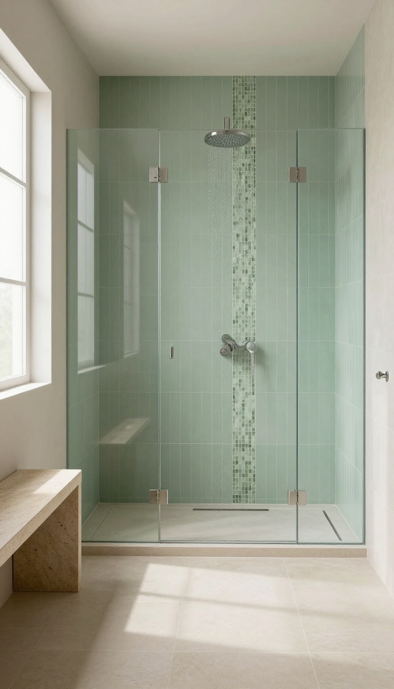 Modern bathroom shower with large beige tiles and a vertical sage green mosaic accent strip behind the showerhead.