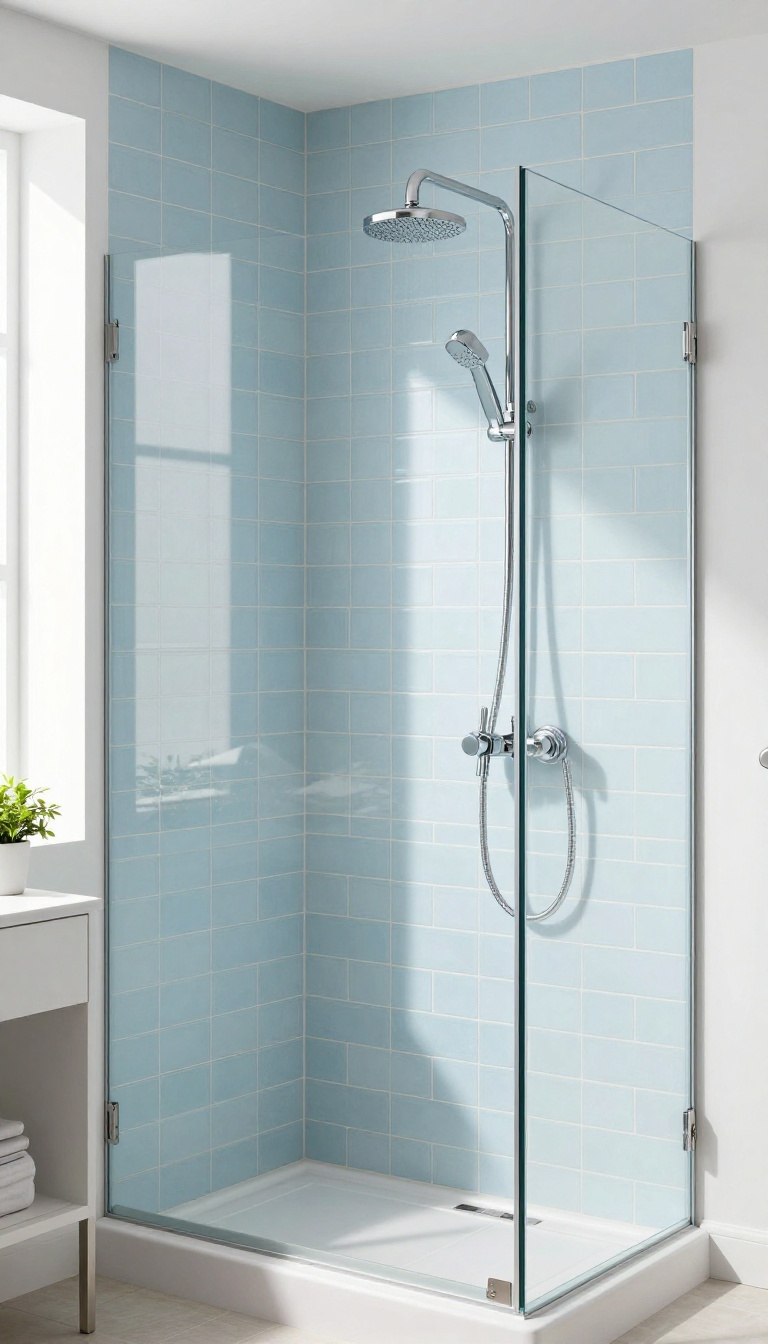 Blue herringbone tile shower in a bright bathroom