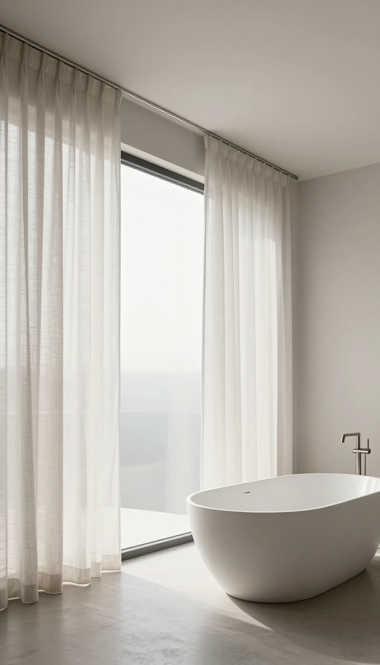 A minimalist bathroom with a ceiling-mounted cable system holding a sheer linen curtain, creating a clean, weightless look.