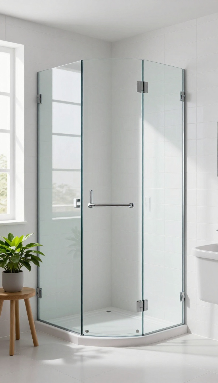 Curved glass shower screen in a bright modern bathroom