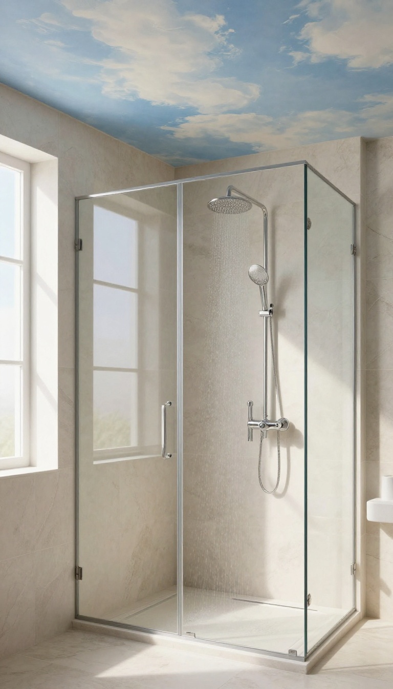 Modern bathroom shower with a painted cloudy sky ceiling mural, creating a serene and elegant atmosphere.
