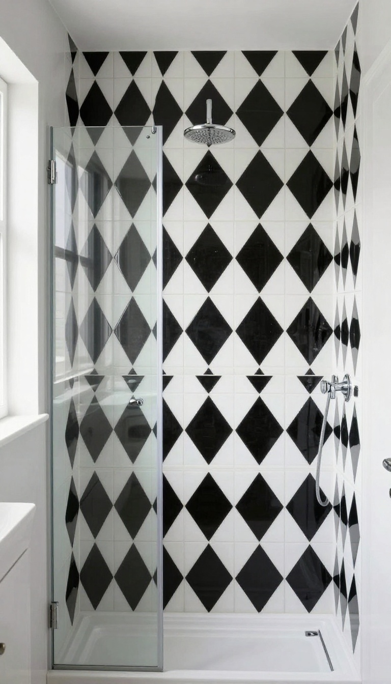 Black and white geometric diamond pattern shower tile in a modern bathroom