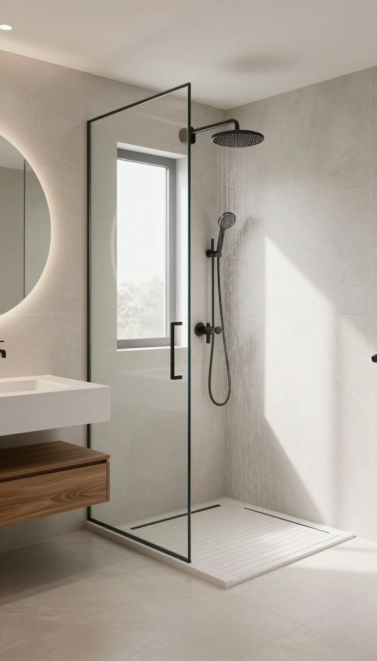 Modern curbless shower with seamless tile floor and glass panel in a bright bathroom