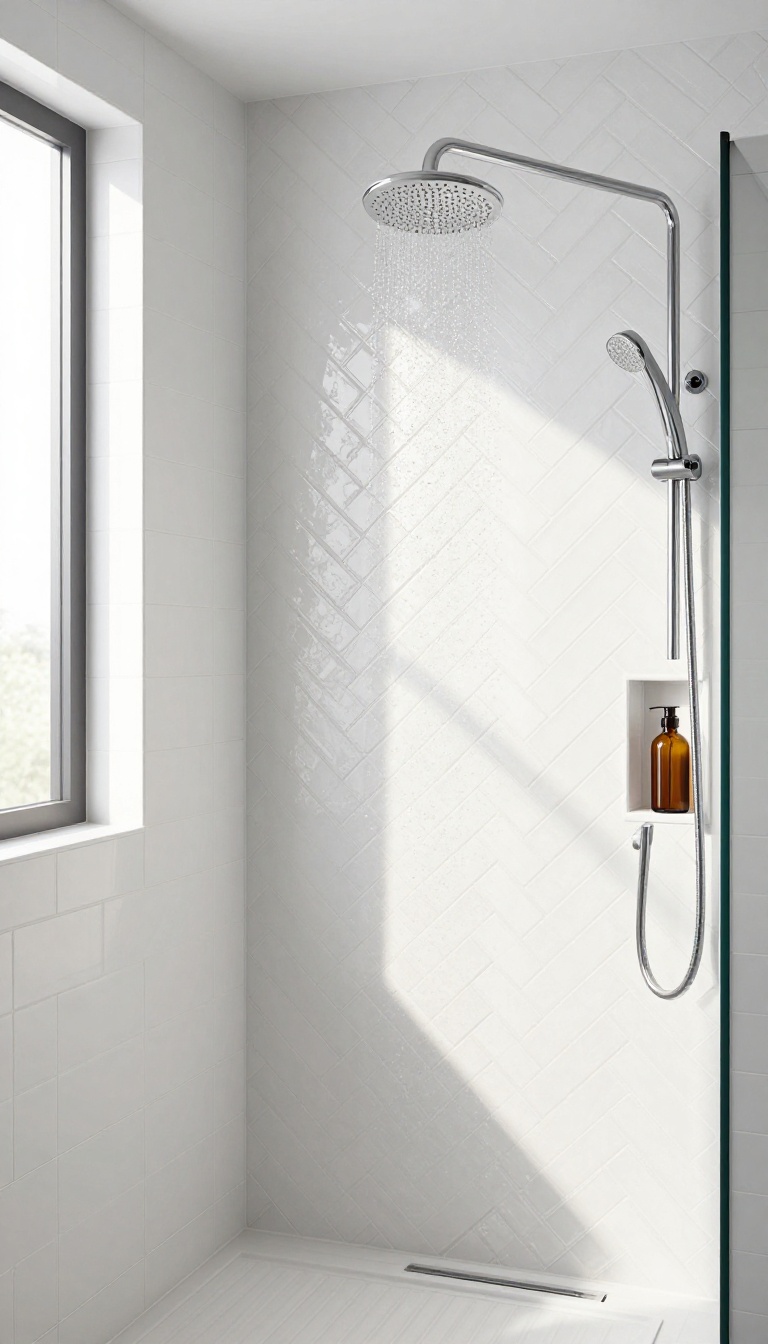 White herringbone tile shower wall with modern fixture and natural light