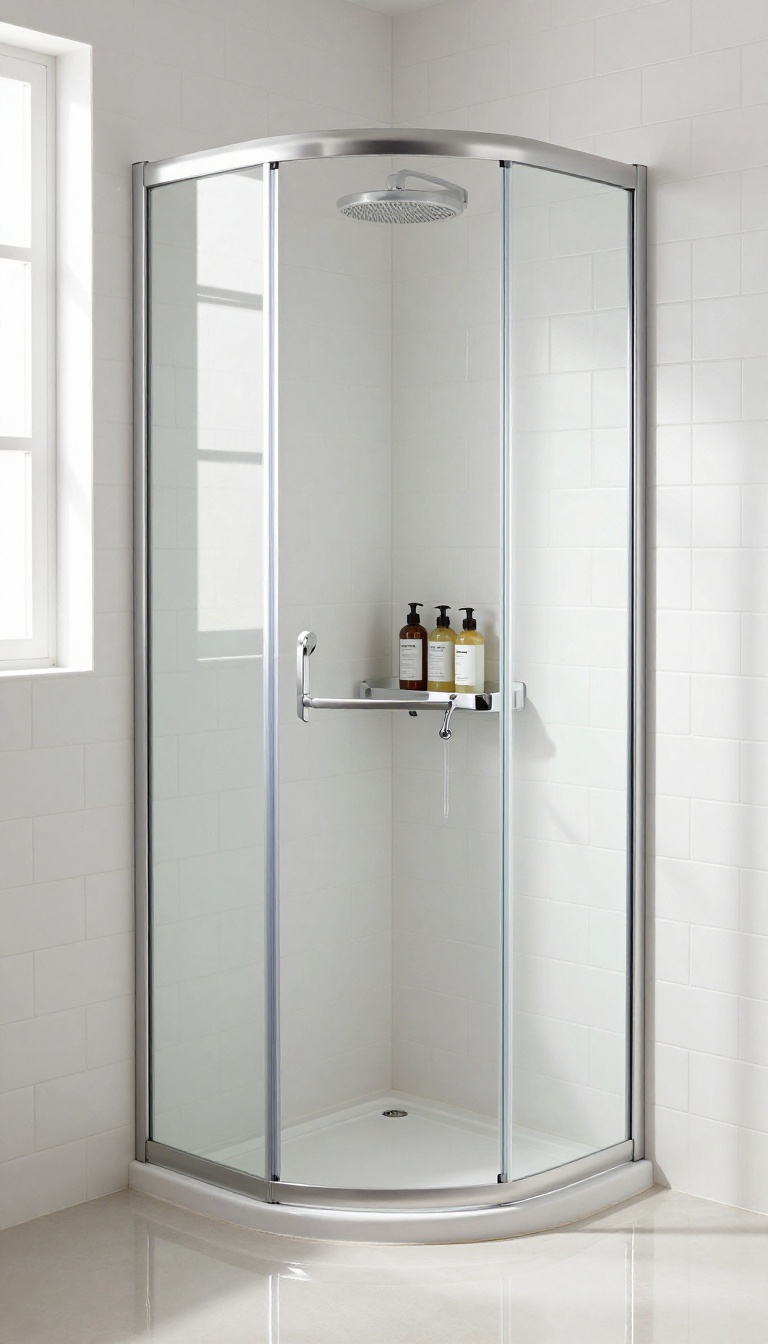 Slim corner-mounted shower caddy in a compact bathroom