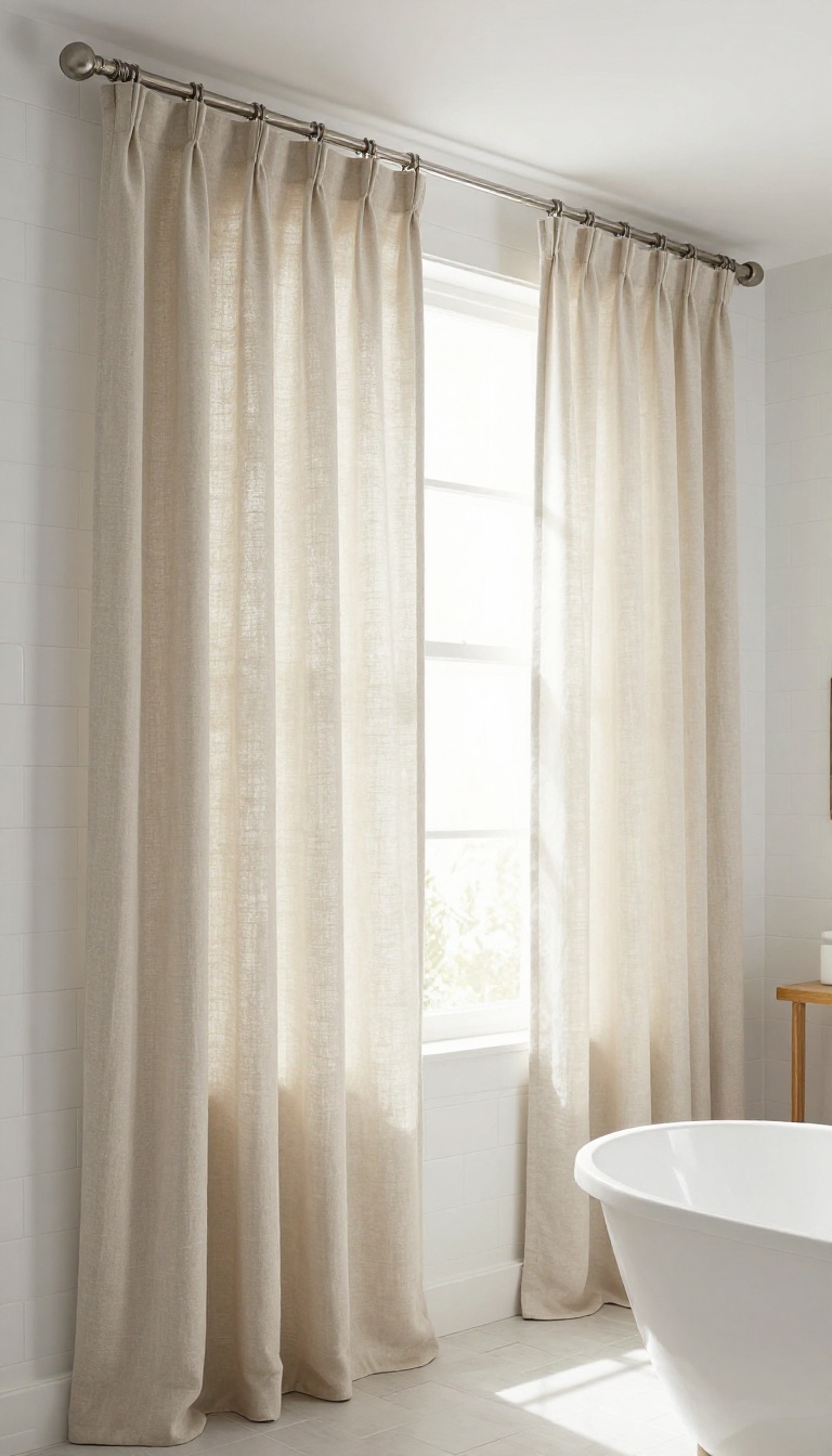 High and wide shower curtain rod in a bright bathroom with a linen curtain, creating a grand, custom look.