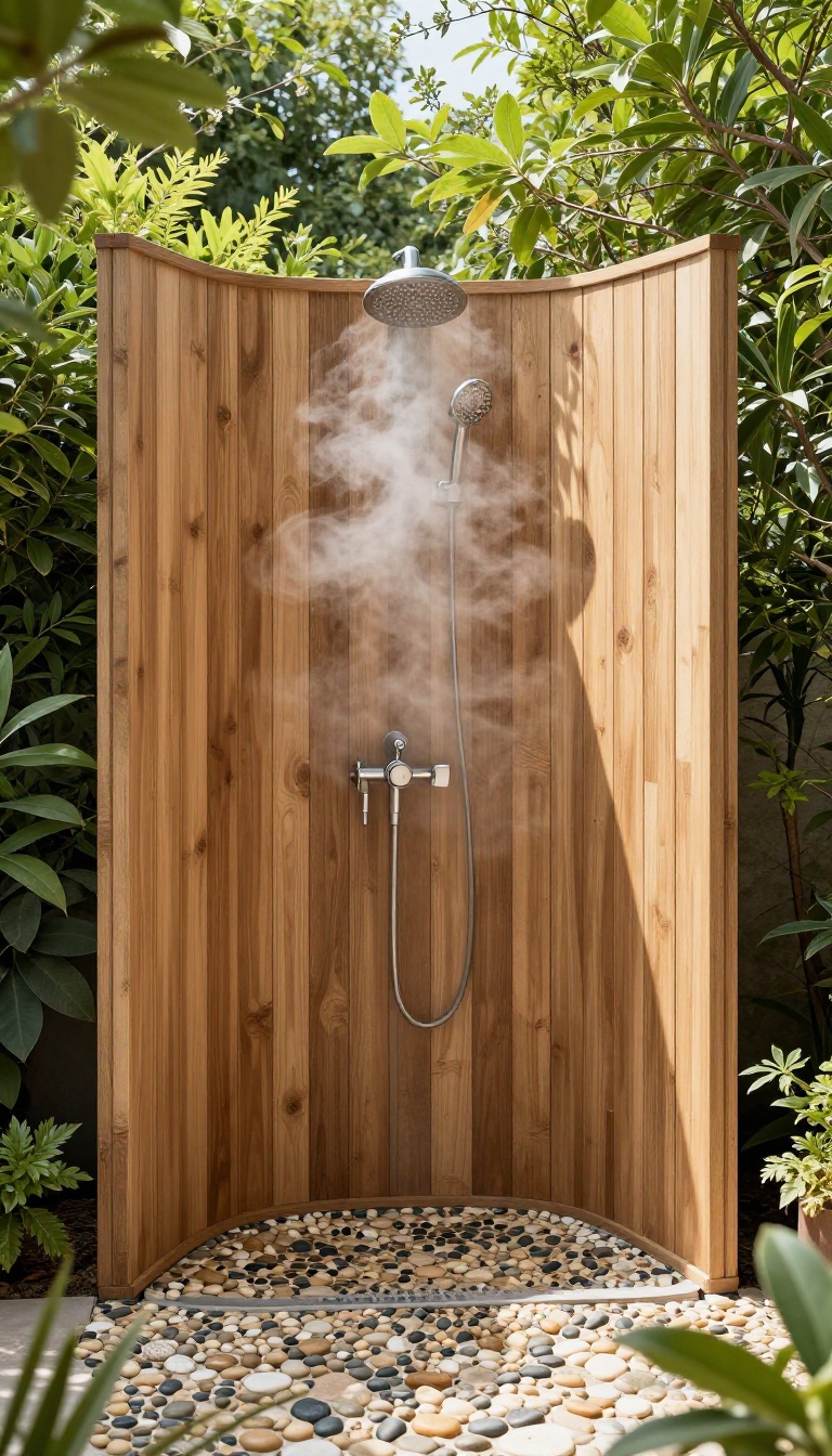 Corner outdoor shower with pebble floor and wooden walls in a garden setting