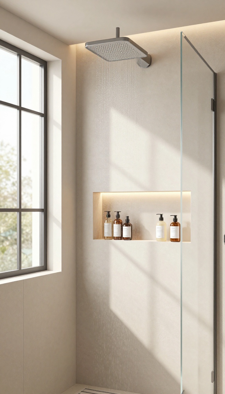 Modern shower with backlit recessed niche and LED lighting