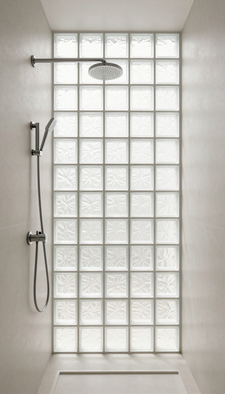 Modern alcove shower with a glass block wall, allowing natural light while maintaining privacy.
