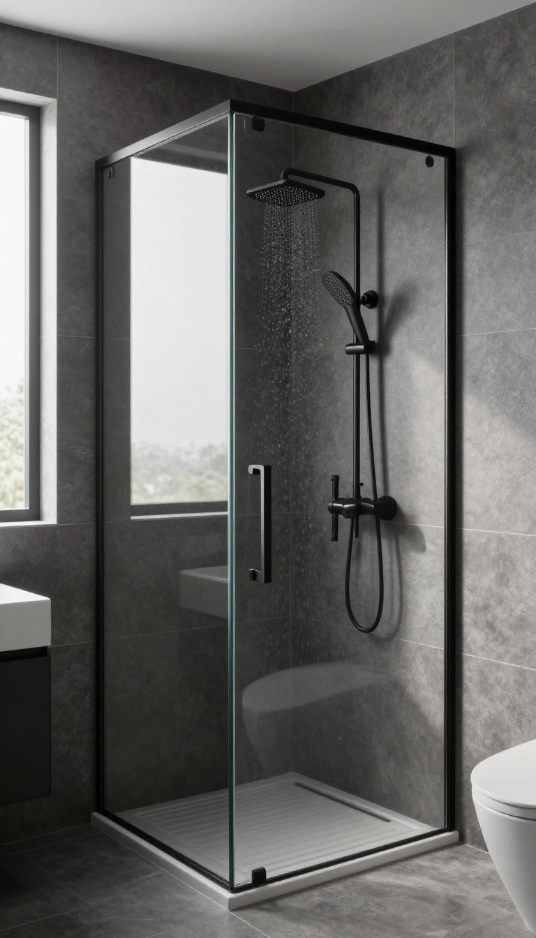 Modern walk-in shower with frameless glass and black trim, dark tiles, and black fixtures in a bright bathroom