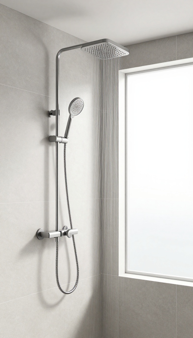 Modern standing shower with rainfall showerhead and handheld sprayer combo