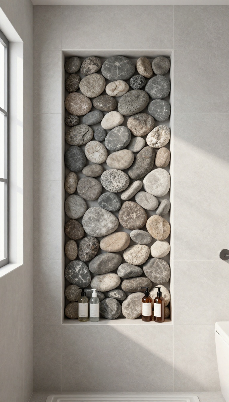 River rock shower niche backsplash in a modern bathroom