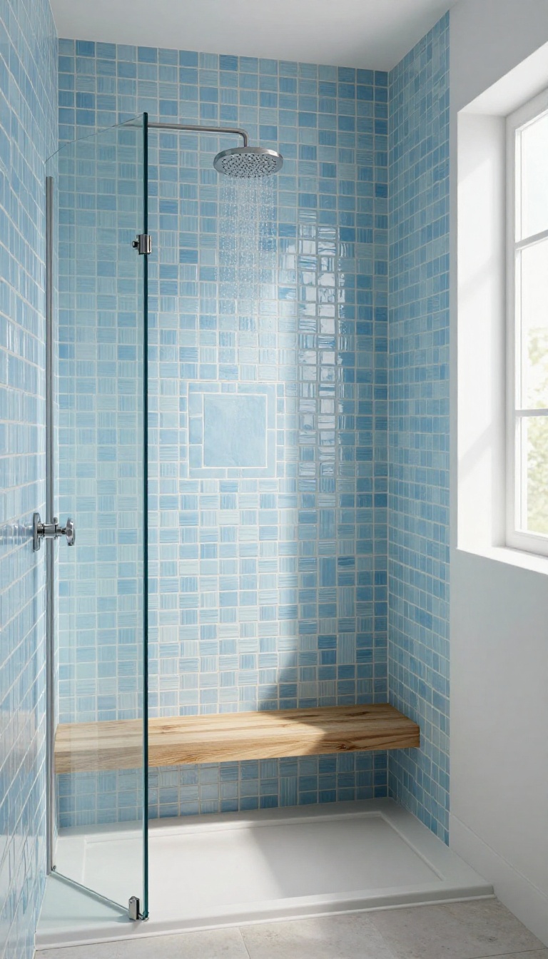 Blue basketweave tile shower with white grout and natural light
