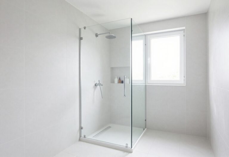 Small bathroom with a curbless walk-in shower, glass panel, and light tiles