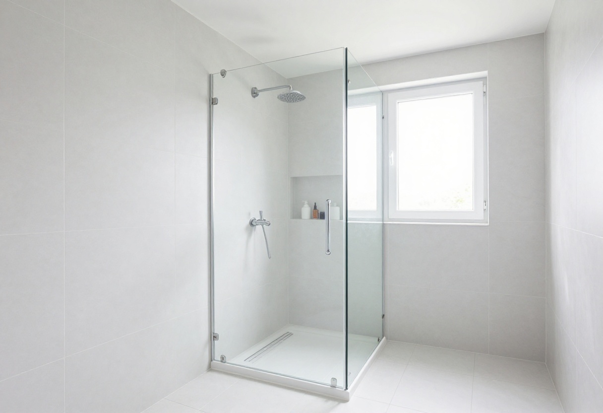 Small bathroom with a curbless walk-in shower, glass panel, and light tiles