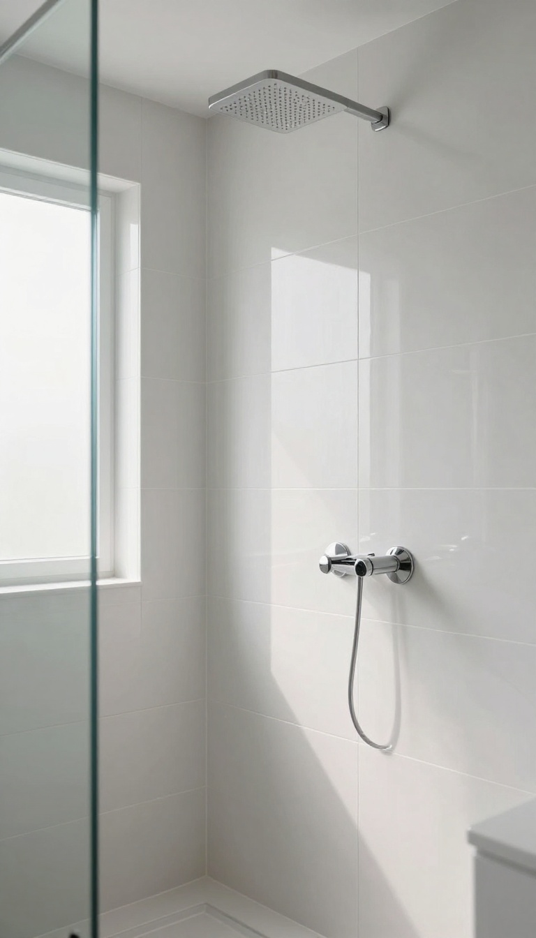 Modern bathroom shower with large-format high-gloss porcelain tiles, bright and polished design