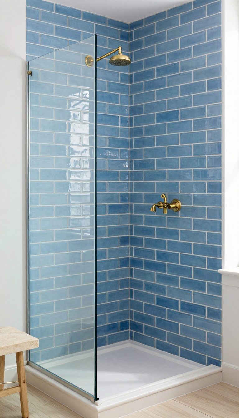 Classic blue subway tile shower with white grout and brass fixtures in a bright, airy bathroom