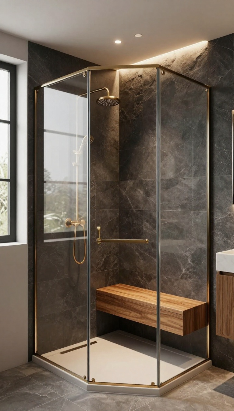 Dark and moody shower with charcoal slate tiles, brass fixtures, and a teak bench, illuminated by warm lighting.
