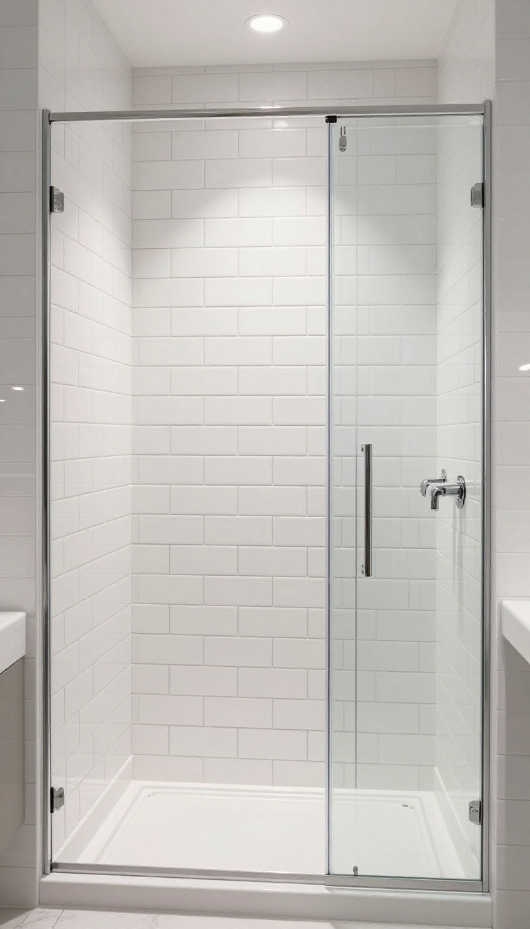 White subway tiles with dark charcoal grout in a bright shower, showcasing contrasting grout to define the tile pattern.
