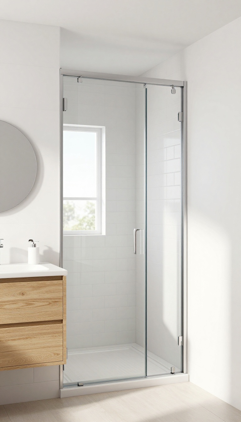Modern bathroom with frameless sliding glass shower door, space-saving elegant design